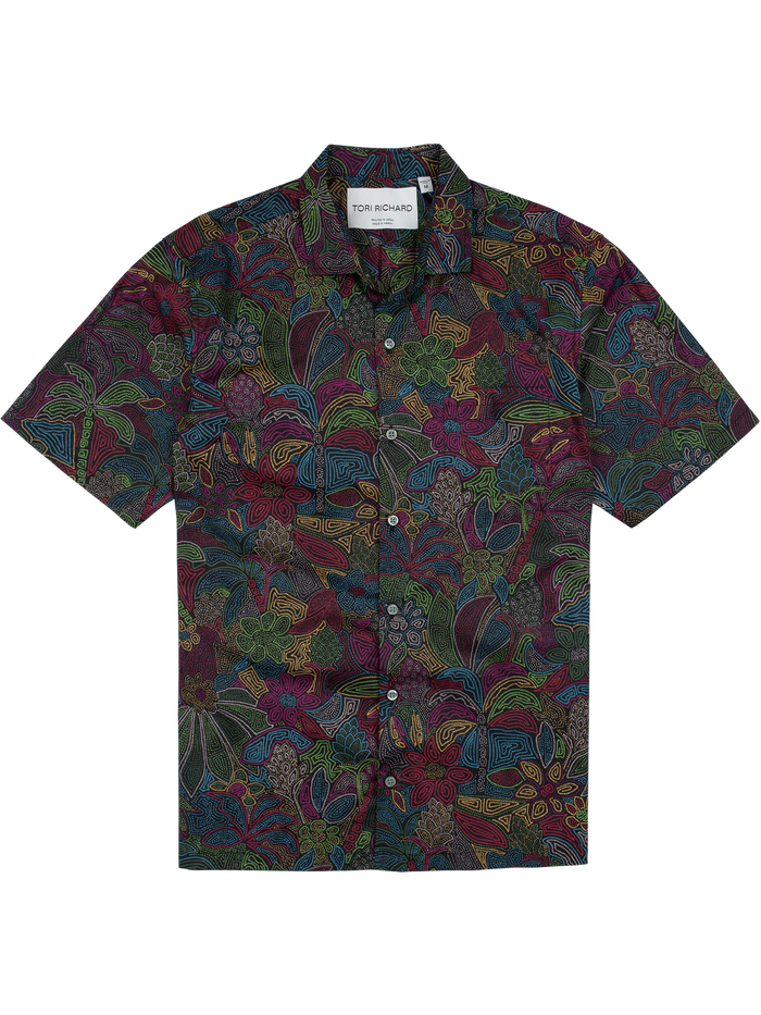 Neutral multicolored cotton short-sleeve shirt with colorful abstract floral print/pattern, front view.
