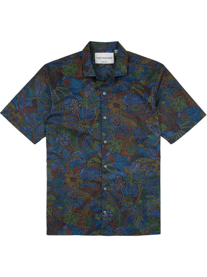 Dark multicolored botanical-print cotton lawn shirt, screen-cut design, front view.