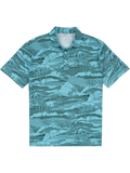 Blue tropical-print short-sleeve polo, front view, wicking fabric.