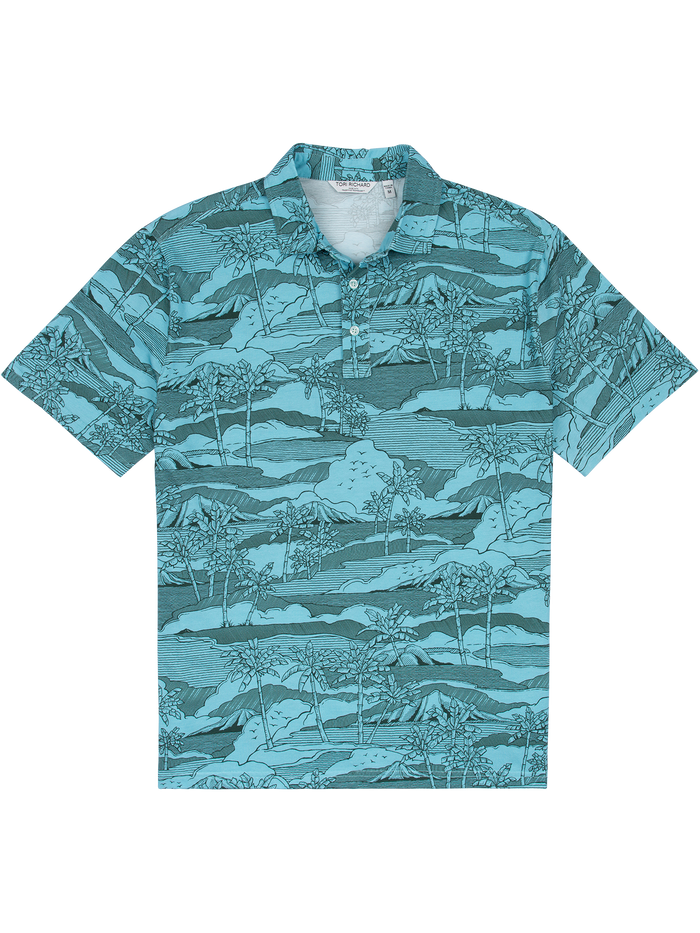 Blue tropical-print short-sleeve polo, front view, wicking fabric.