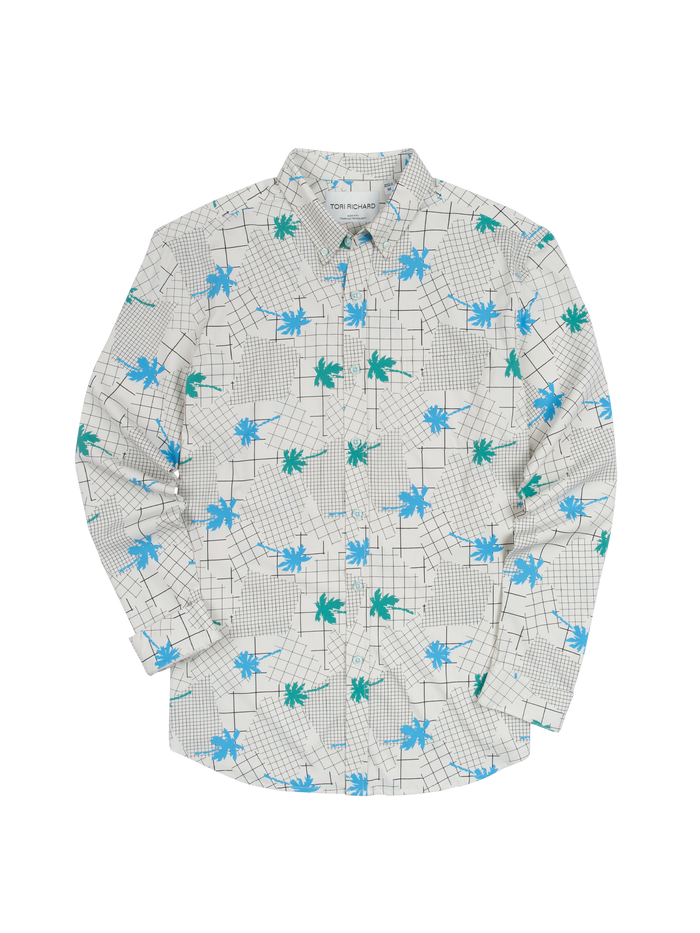 Cream and blue-green palm-print grid long-sleeve shirt. Flat lay front view.