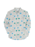 Cream and blue-green palm-print grid long-sleeve shirt. Flat lay front view.
