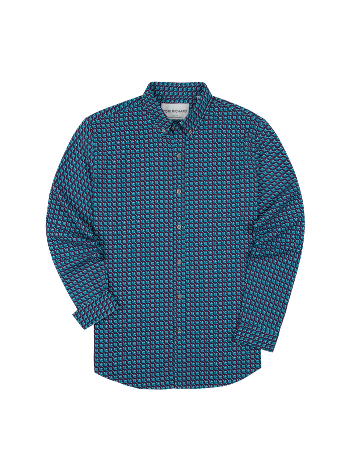 Blue geometric-print button-up shirt, front view. Angled view showing cuff and collar detail.