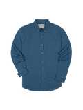 Blue geometric-print button-up shirt, front view. Angled view showing cuff and collar detail.