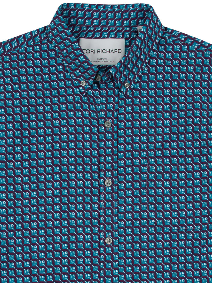 Blue and teal geometric-print long-sleeve shirt with Tori Richard label in collar
