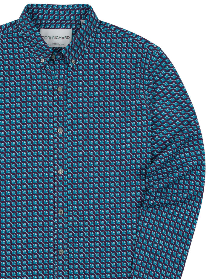 Blue and teal geometric-print collared long-sleeve shirt, front view.