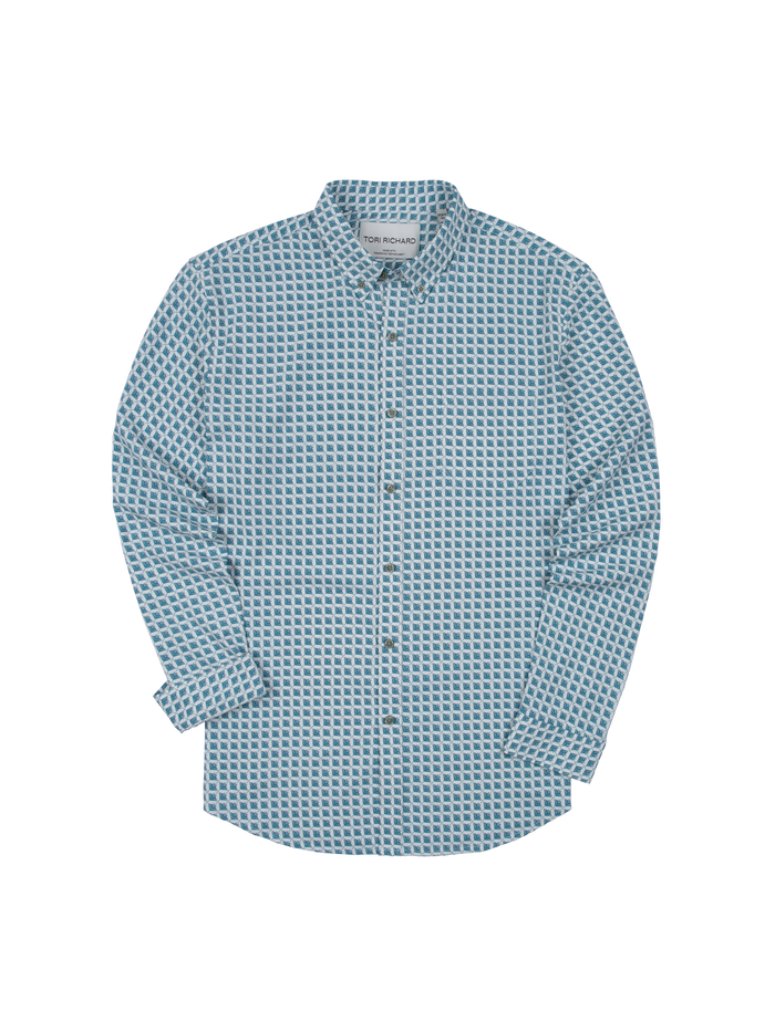 Light blue geometric-print long-sleeve shirt with quick-dry and UPF features, flat lay view.