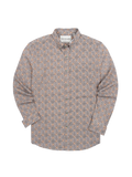 Brown/Orange-geometric long-sleeve shirt, front view.  Flat lay Showing pattern and fabric.