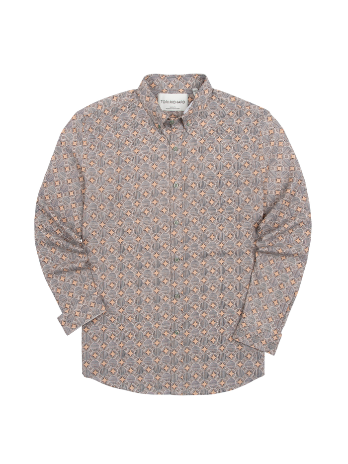 Brown/Orange-geometric long-sleeve shirt, front view.  Flat lay Showing pattern and fabric.