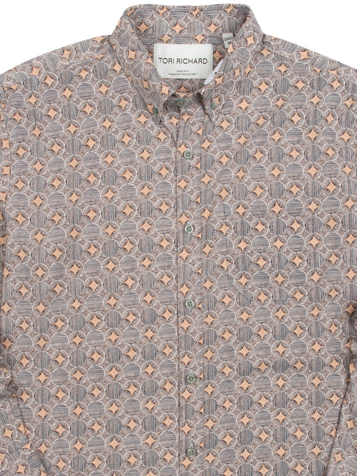 Front and back views of a Brown/Orange-geometric long-sleeve shirt,