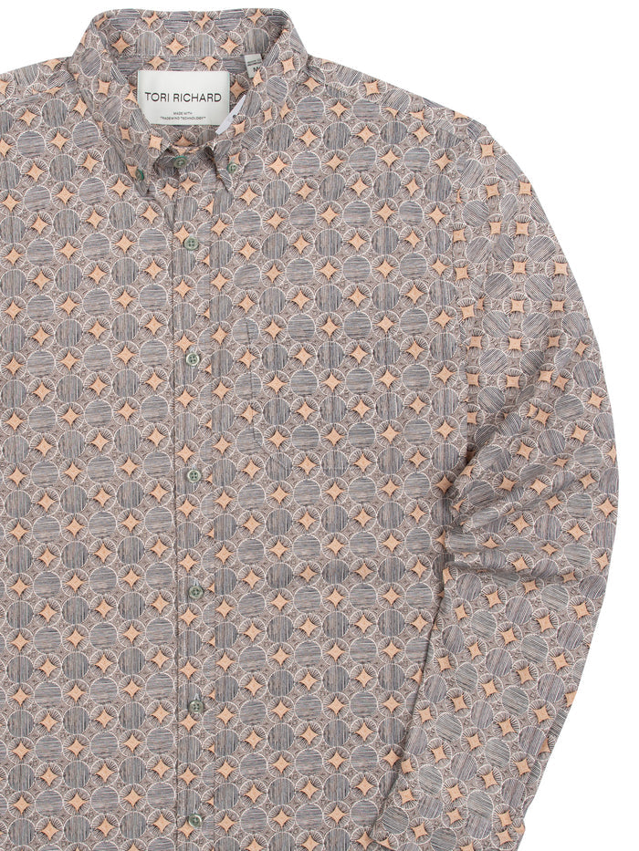 Brown/Orange-geometric long-sleeve shirt, geometric-print long-sleeve button-down shirt.