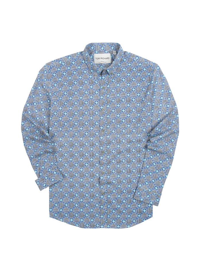 Blue and gray geometric-print long-sleeve shirt, flat lay view.