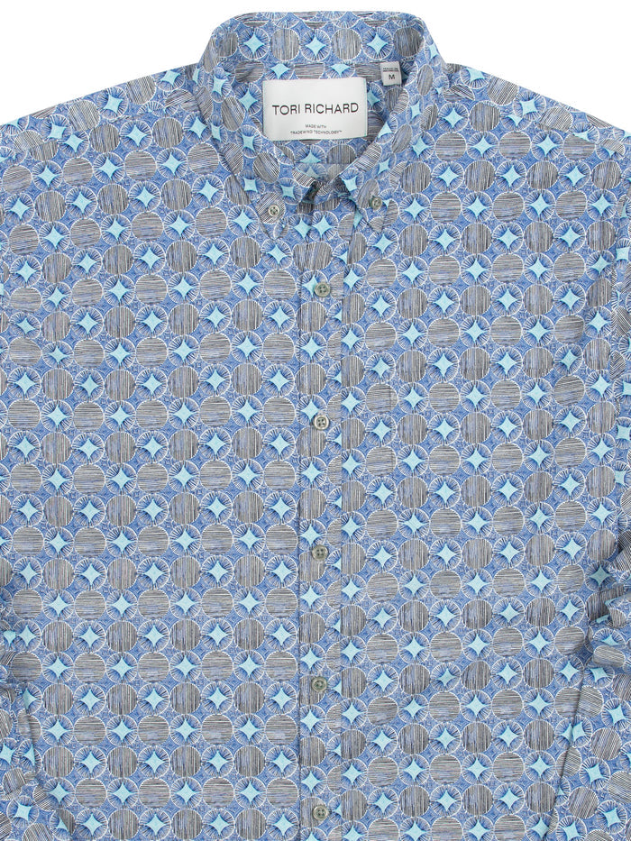 Blue and gray geometric-print long-sleeve shirt, , front view. showing overall pattern.