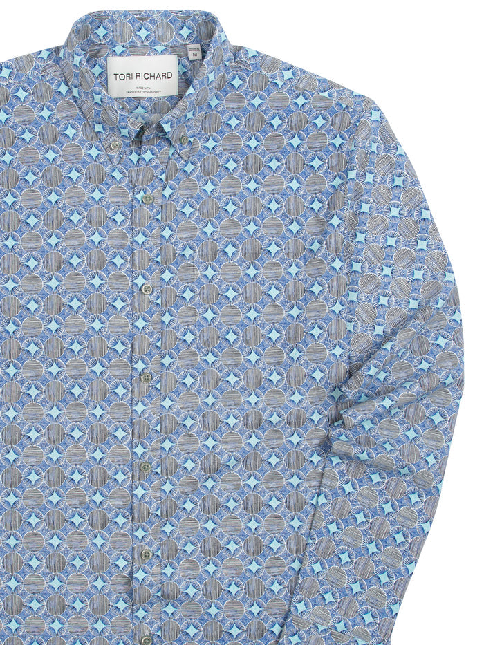 Blue and gray patterned long-sleeve collared shirt, front view.