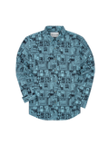 Navy Blue comic-art print moisture-wicking long-sleeve shirt laid flat on white background. Front view.