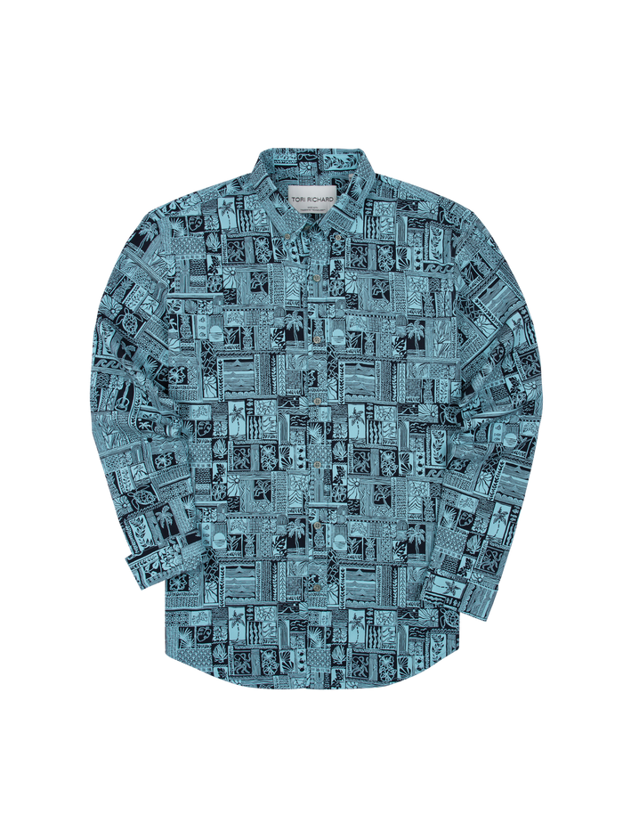 Navy Blue comic-art print moisture-wicking long-sleeve shirt laid flat on white background. Front view.