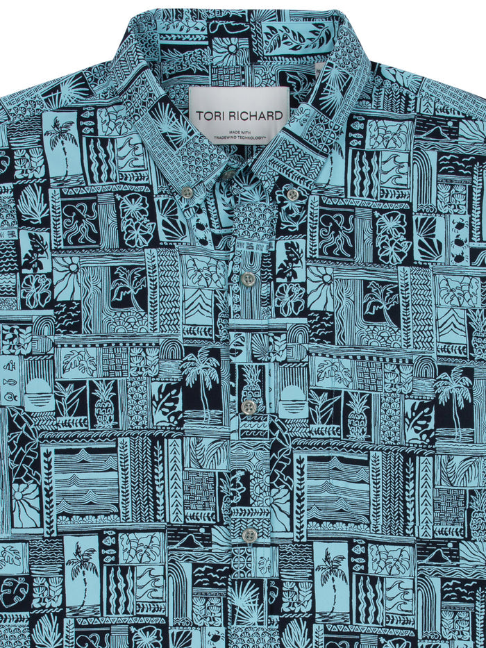 Navy Blue comic-art print moisture-wicking long-sleeve shirt and black abstract tropical-print long-sleeve shirt, quick-dry fabric, front view