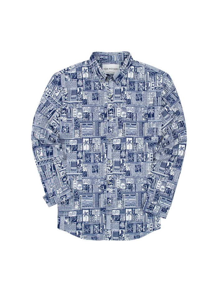 Blue and white geometric pattern- floral long-sleeve shirt, front view, features moisture-wicking detail.