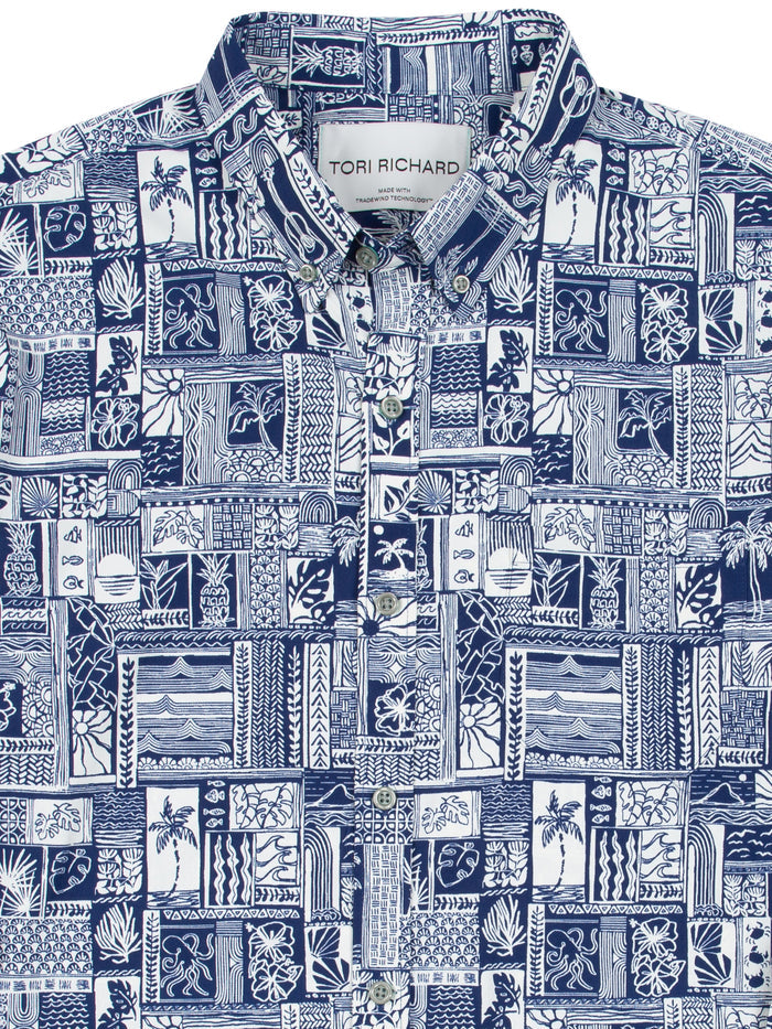 Blue and white geometric-print long-sleeve shirt, front view, Tori Richard label visible.