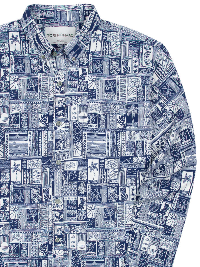 Blue and white geometric pattern- floral long-sleeve shirt front view, Tori Richard label visible.