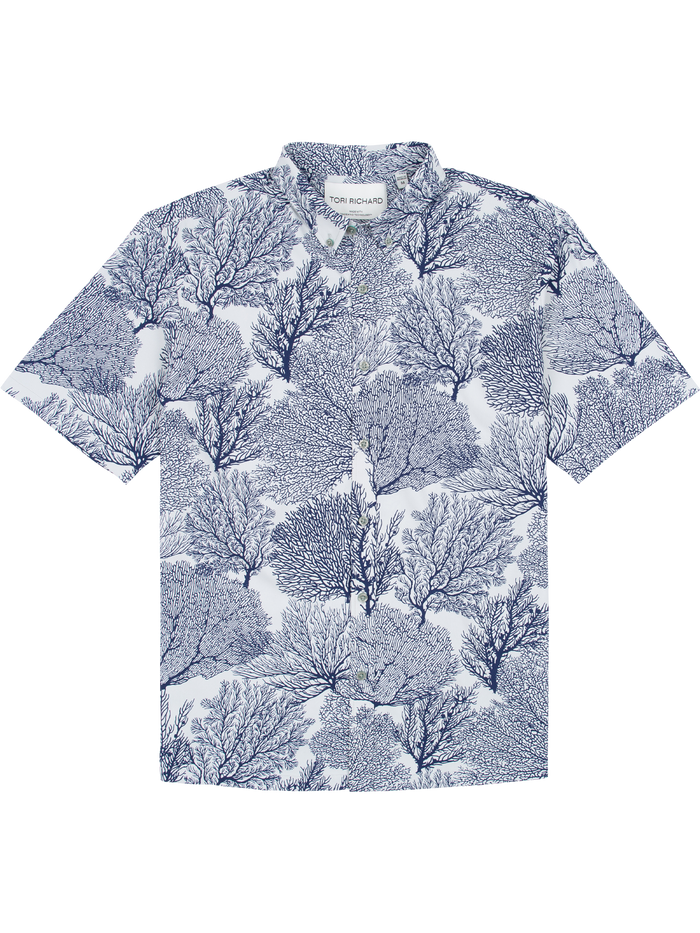 White short-sleeve shirt with navy coral pattern/print, button-down, collared, front view.