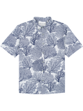 White short-sleeve shirt with navy coral pattern/print, button-down, collared, front view.