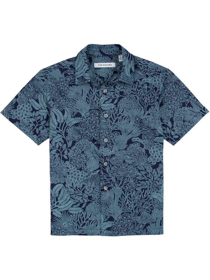 Navy/light blue coral-print cotton boys short-sleeve shirt, front and angled views.