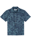 Navy/light blue coral-print cotton boys short-sleeve shirt, front and angled views.