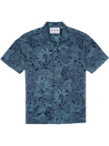 Blue floral, coral, and seaweed-print short-sleeve cotton shirt, front view on white background.