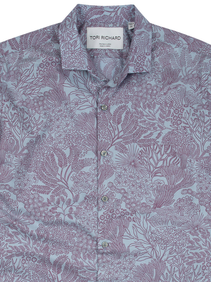 Light blue/purple coral-print cotton shirt, collar view with TORI RICHARD label shown in both images.