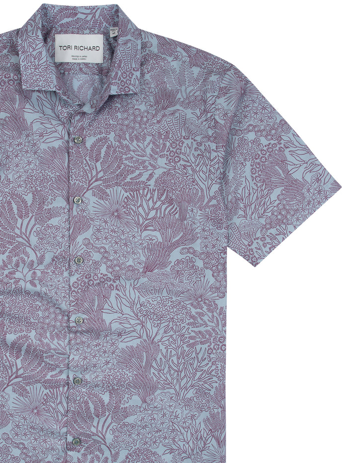 Light blue/purple coral-print short-sleeve cotton shirt, button-up front view (Images 1 & 2).