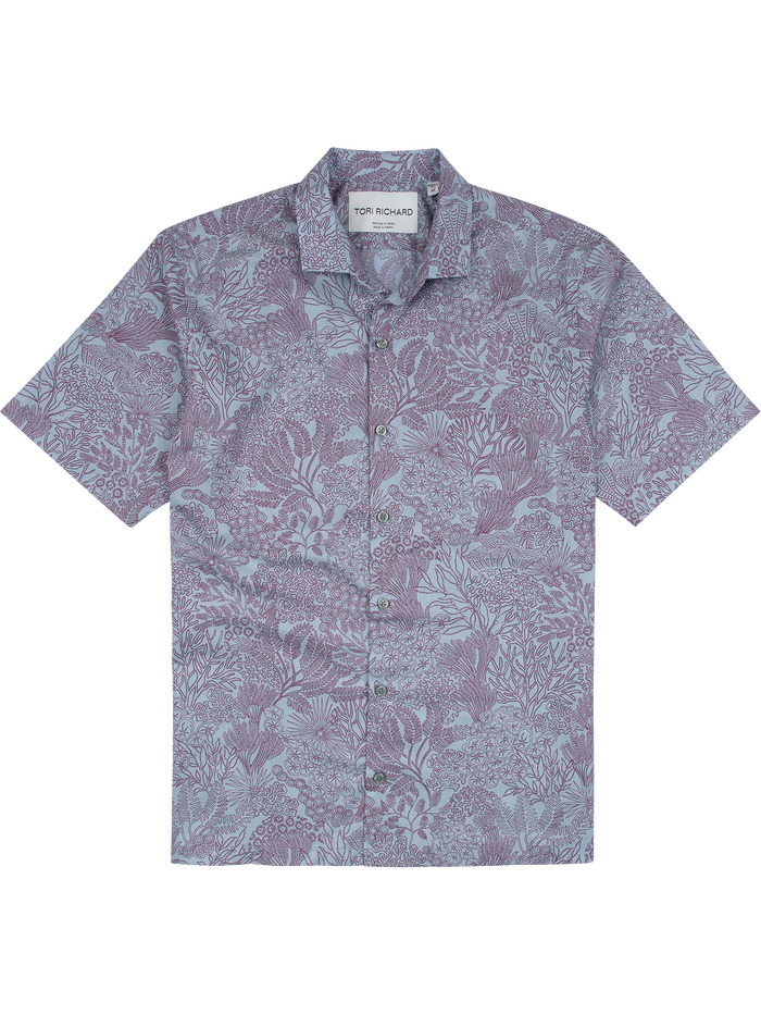 Blue and purple coral-print short-sleeve shirt, flat lay front view shown in Images 1 and 2.