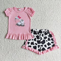 Cow Embroidery Pink Top Ruffle Shorts Girls Summer Outfits GSSO0105