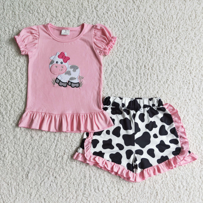 Cow Embroidery Pink Top Ruffle Shorts Girls Summer Outfits GSSO0105