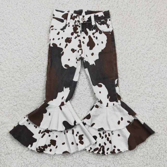 Cow hide print denim bell bottom jeans girls western pants           Aa-1