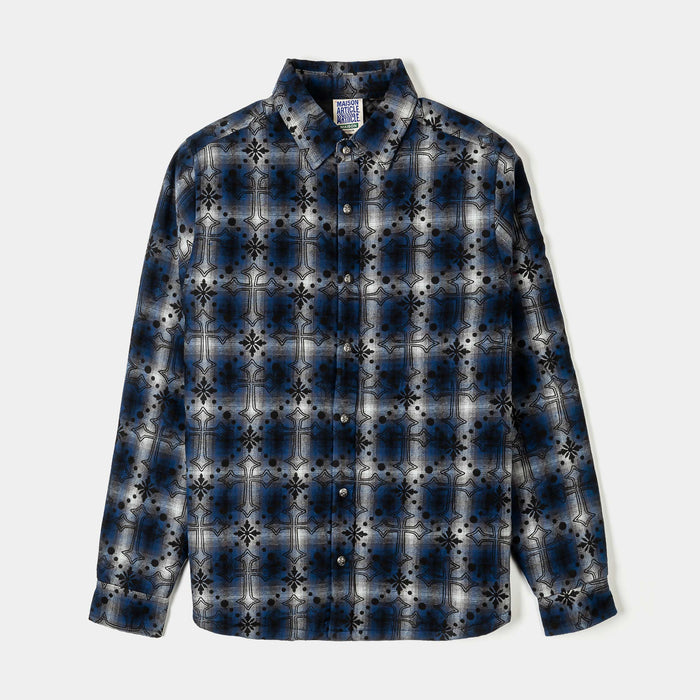 Cross Print Plaid Fleece Button Up Long Sleeve Mens Shirt (Black/Navy Blue)
