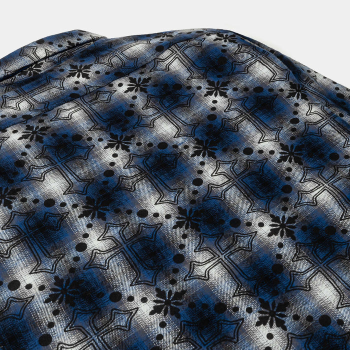 Cross Print Plaid Fleece Button Up Long Sleeve Mens Shirt (Black/Navy Blue)