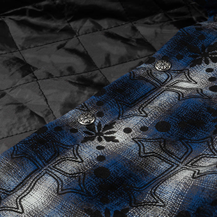Cross Print Plaid Fleece Button Up Long Sleeve Mens Shirt (Black/Navy Blue)