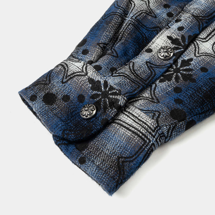 Cross Print Plaid Fleece Button Up Long Sleeve Mens Shirt (Black/Navy Blue)