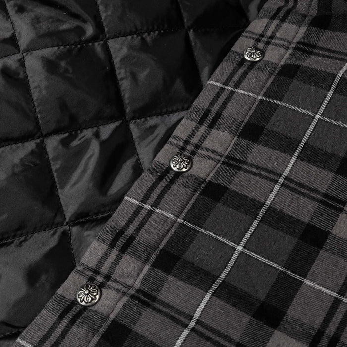 Cross Print Plaid Fleece Button Up Long Sleeve Mens Shirt (Navy/Black)
