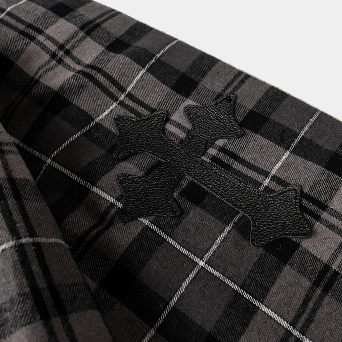 Cross Print Plaid Fleece Button Up Long Sleeve Mens Shirt (Navy/Black)