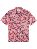 Red and white seabird-print Hawaiian cotton shirt with blue accents, short sleeves, and front pocket, front view.