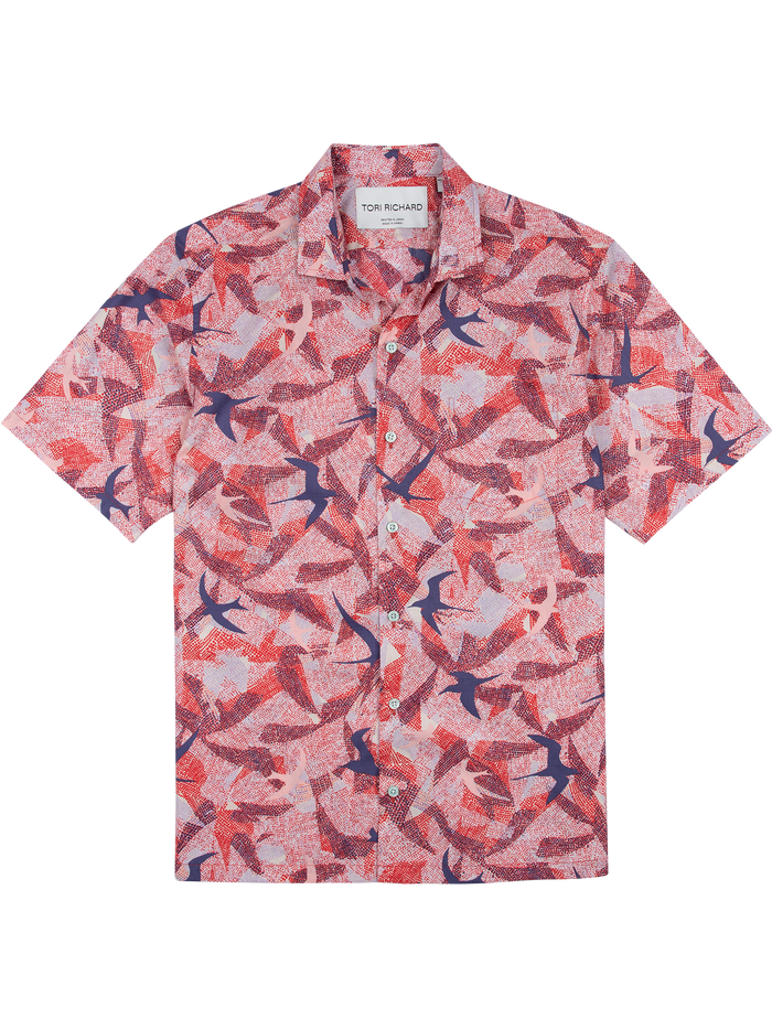 Red and white seabird-print Hawaiian cotton shirt with blue accents, short sleeves, and front pocket, front view.