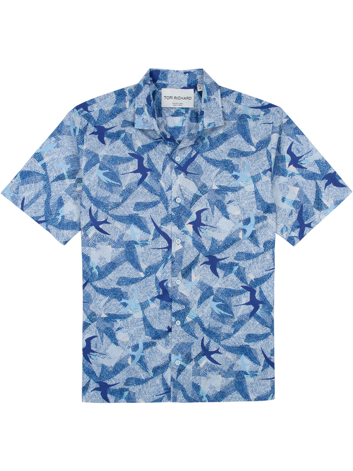 Blue flying bird and tern-print Hawaiian cotton shirt, front and back views.