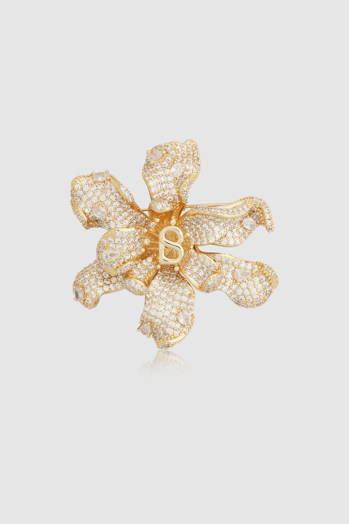 crystal orchid brooch in gold by buttonscarves front view