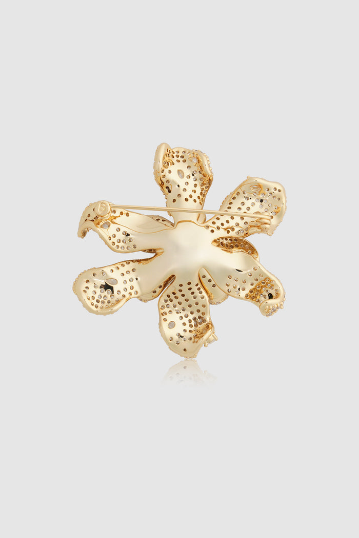 crystal orchid brooch in gold by buttonscarves back view