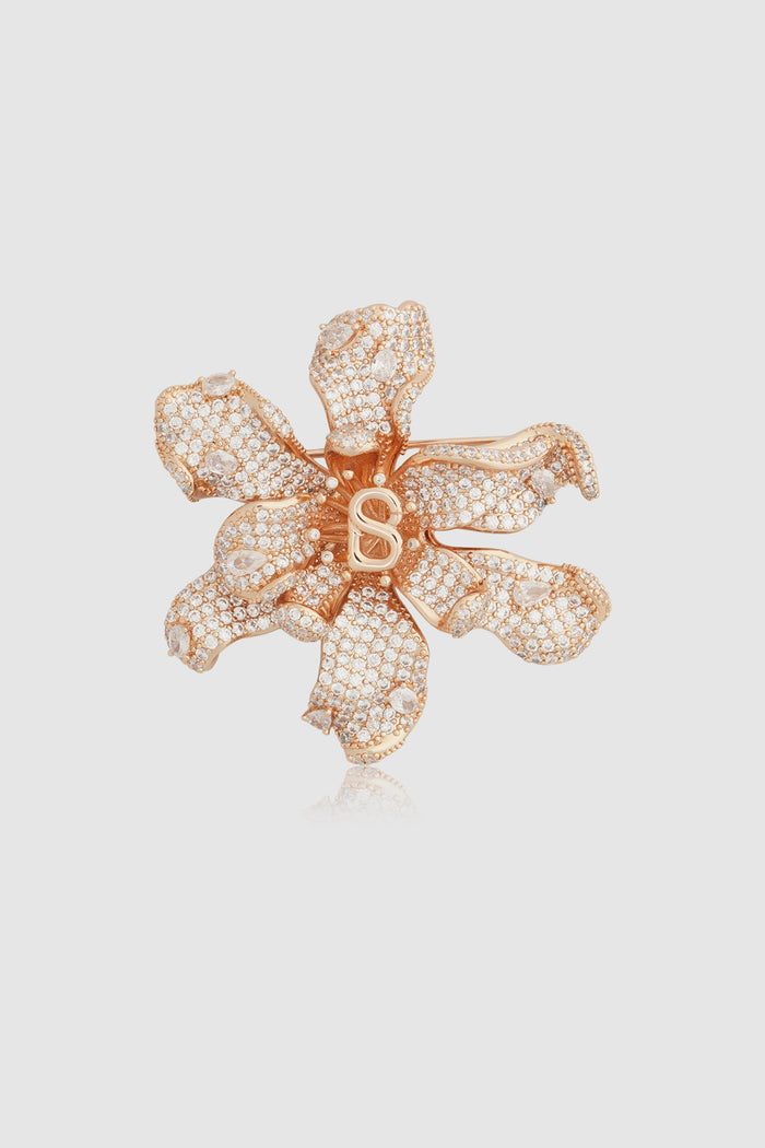 crytal orchid brooch in rose gold by buttonscarves front view