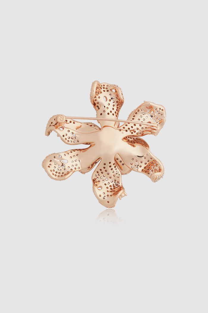 crytal orchid brooch in rose gold by buttonscarves back view