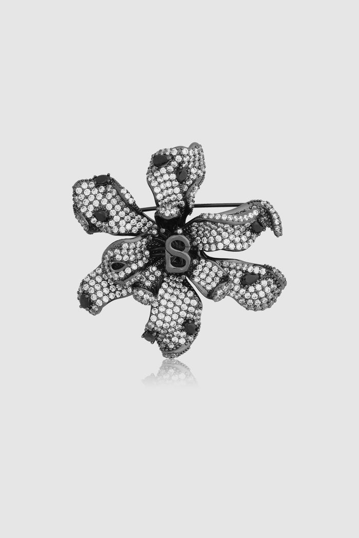 crystal orchid brooch in hematite by buttonscarves front view