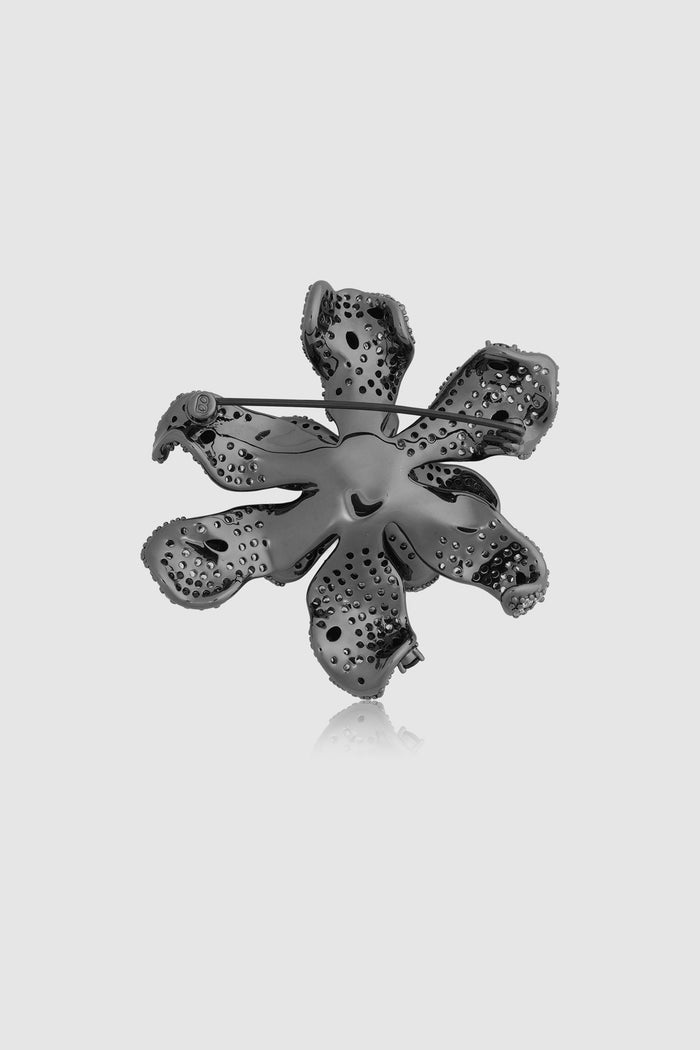 crystal orchid brooch in hematite by buttonscarves back view